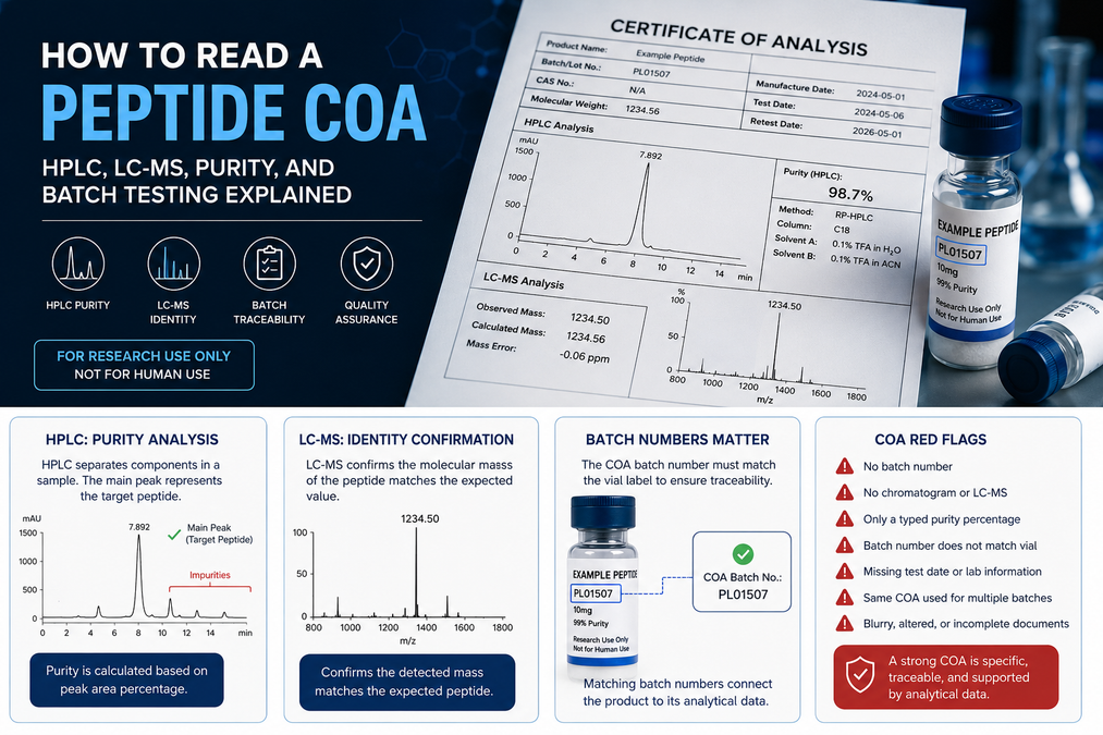 Peptide Testing Annotated peptide Certificate of Analysis showing purity, identity, and batch fields